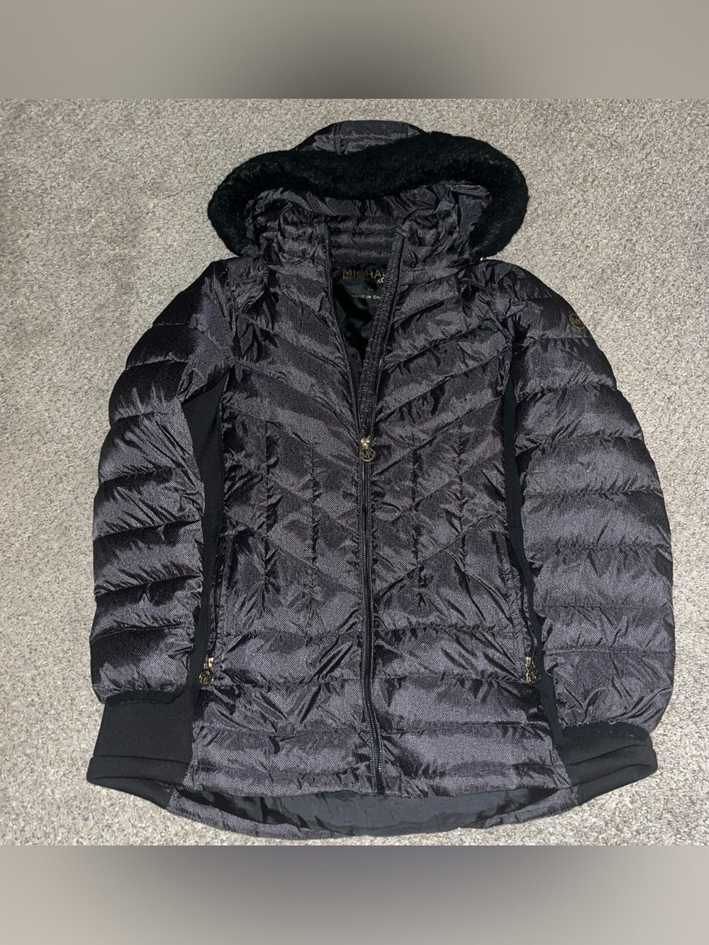Michael Kors Sz XL Puffer Coat Removable Hood Down Faux Fur Trim Chevron Quilted